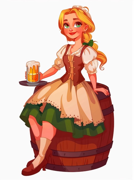 Cartoon-Blonde sitzt auf einem Fass mit einem Tablett Bier