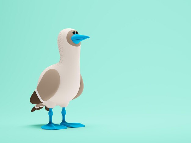 Foto cartoon bluefooted booby steht auf einem blauen hintergrund 3d-illustration