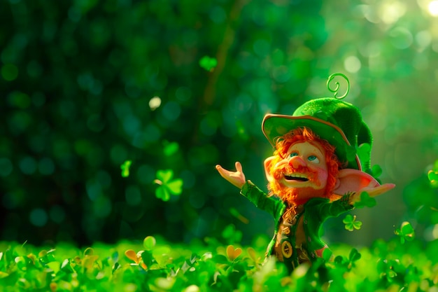 Foto cartoon bonito leprechaun em um jardim com trevo caindo