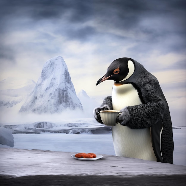 Foto cartoon bonito pinguim com copa em fundo de inverno ilustração de ano novo e natal