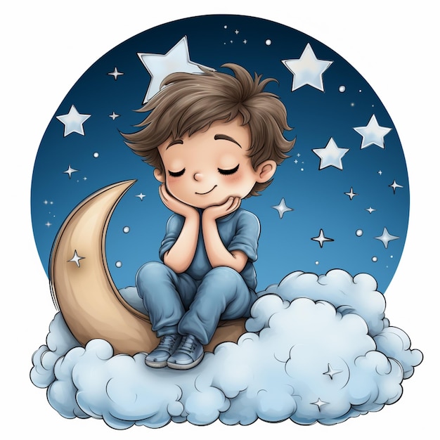 Foto cartoon boy sitting on a cloud with a moon and stars in the background generative ai