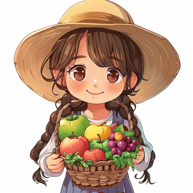 Cartoon brilhante kawaii imagem de uma menina com frutas