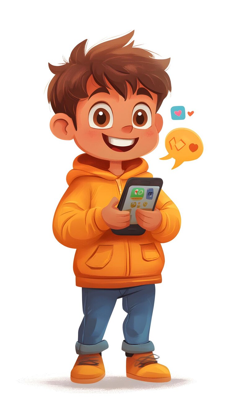 Foto cartoon brincalhão de um menino enviando uma mensagem expressões divertidas cores brilhantes e emoji em abundância