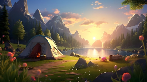 Foto cartoon camping liebenswert mit wunderschöner natur 3d-rendering generative ki