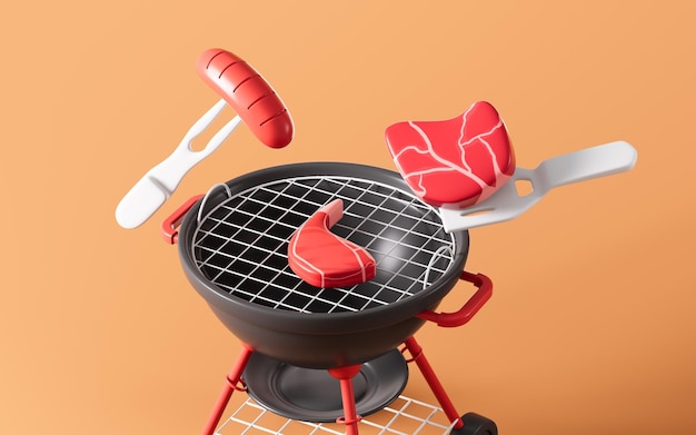 Cartoon carne y salchichas son asados sobre un fuego cartoon barbacoa 3d renderización