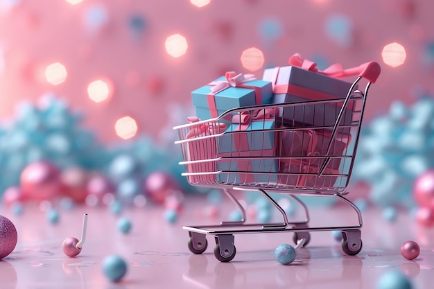Cartoon Cart Delight 3D carrinho de compras com caixas de presente