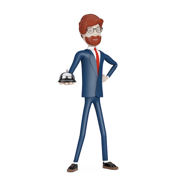 Cartoon-Charakter-Geschäftsmann mit Desk Service Bell Ring in der Hand auf weißem Hintergrund. 3D-Rendering