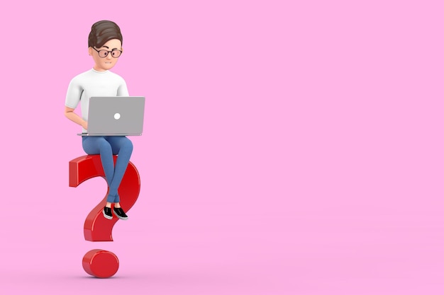 Cartoon Charakter Person Geschäftsmann mit Laptop über rotes Fragezeichen auf rosa Hintergrund arbeiten. 3D-Rendering