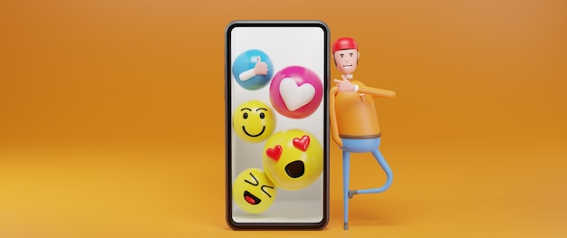 Cartoon-Charakter-Typ zeigt mit dem Finger auf Emoticons für soziale Medien auf Smartphone 3D-Rendering