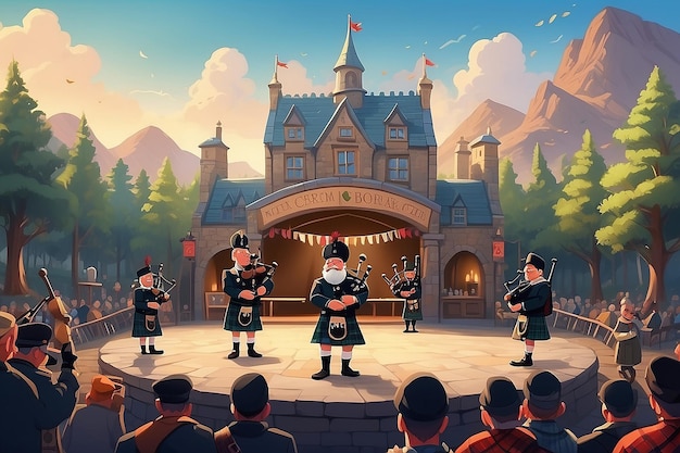 Foto cartoon charm bagpipe band traz a tradição escocesa para o palco