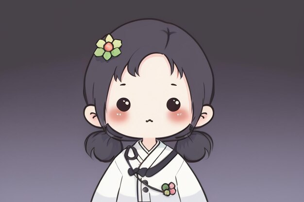 Cartoon-Chibi-Mädchen, das altes chinesisches Hanfu mit kleinen Blumendekorationen im Haar trägt