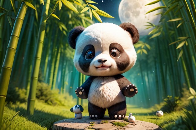 Cartoon Chinesischer Nationalschatzpanda spielt im Bambuswald Anime 3D Rendering Wallpaper