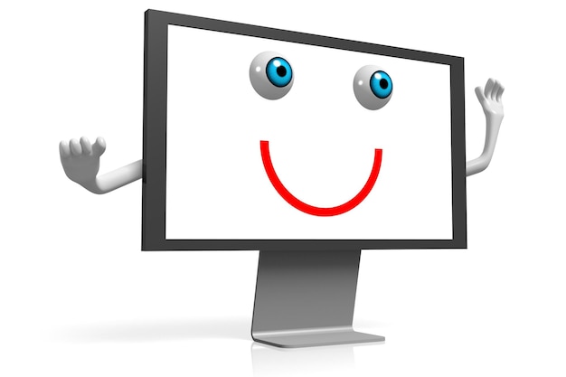 Cartoon-Computer mit lächelndem Gesicht und Händen 3D-Illustration