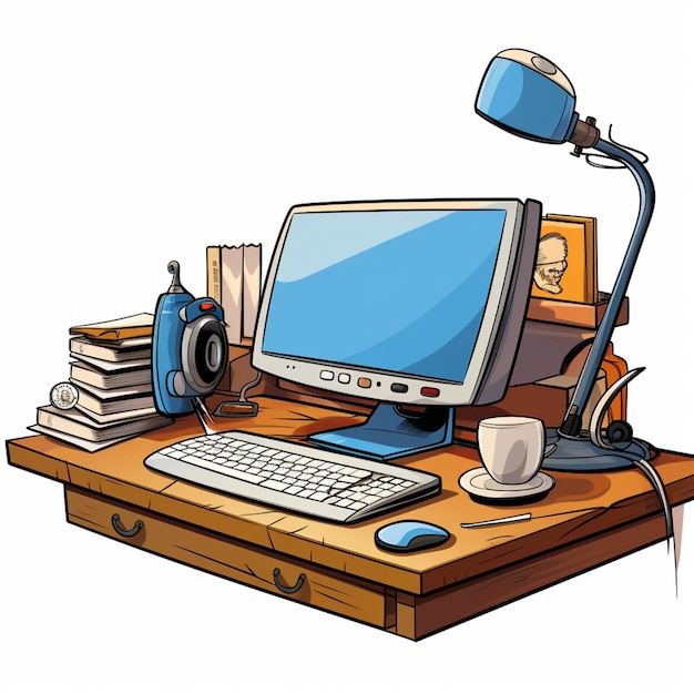 Foto cartoon-computer-schreibtisch mit einem computermonitor generative ai