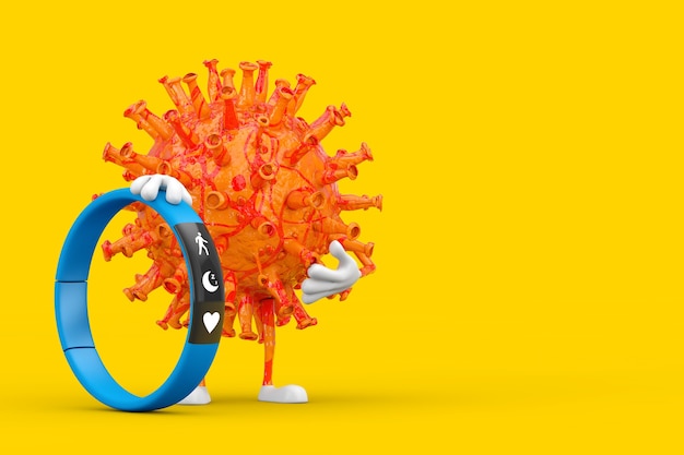 Cartoon Coronavirus COVID-19 Virus Mascot Person Character con Blue Fitness Tracker sobre un fondo amarillo. Representación 3D