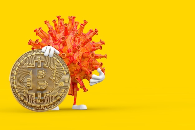 Cartoon Coronavirus COVID-19 vírus mascote personagem personagem com digital e criptomoeda Golden Bitcoin Coin em um fundo amarelo. Renderização 3D
