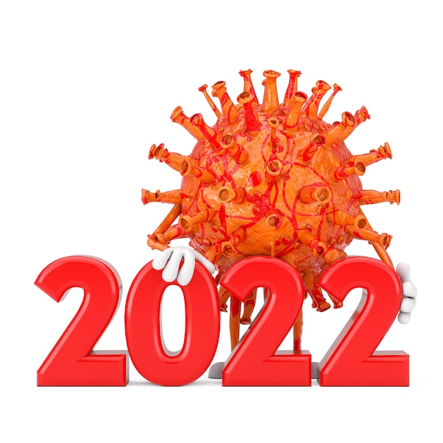 Cartoon Coronavirus COVID-19 Virus Maskottchen Person Charakter mit 2022 Neujahrszeichen auf weißem Hintergrund. 3D-Rendering