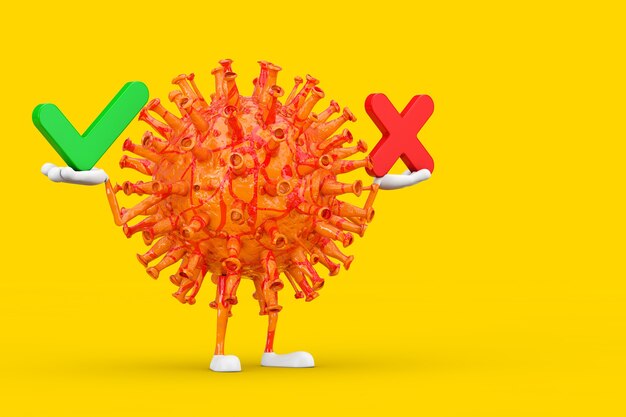 Cartoon Coronavirus COVID-19 Virus Maskottchen Person Charakter mit rotem Kreuz und grünem Häkchen, Bestätigen oder Verweigern, Ja oder Nein Symbolzeichen auf gelbem Hintergrund. 3D-Rendering