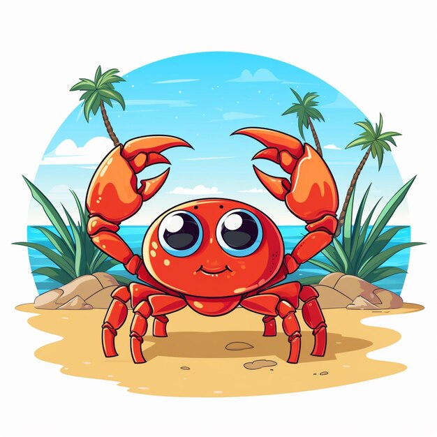 Foto cartoon crab on the beach with palm trees and blue sky generative ai