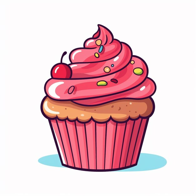 Cartoon-Cupcake mit Kirsch-Topping und Sprinkles auf der Spitze generative ai