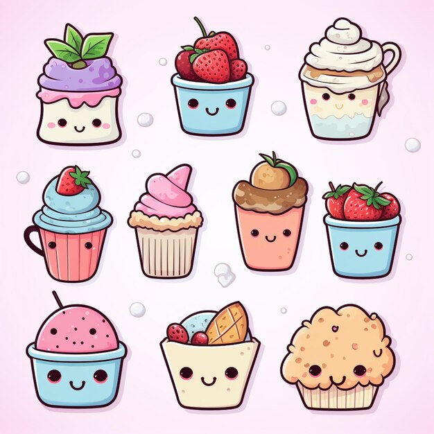 Foto cartoon-cupcakes mit gesichtern und erdbeeren in verschiedenen farben generativ ai