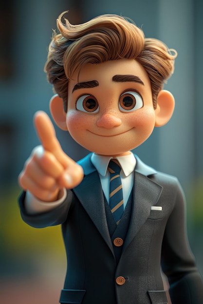 Cartoon Cute Businessman zeigt mit dem Finger auf einen leeren Ort auf einem weißen Hintergrund Generative KI