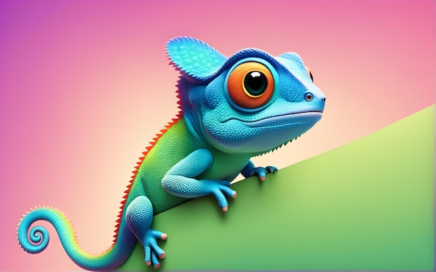 Foto cartoon cute camaleão personagem banner fundo sólido gradiente