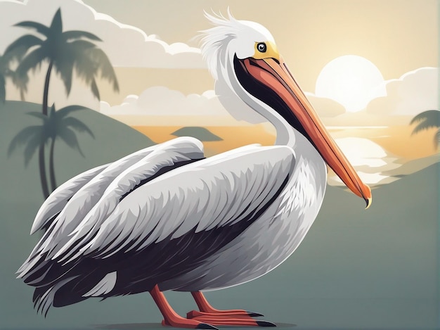 Cartoon de animal pelicano comendo um peixe na água com fundo branco gerado por IA