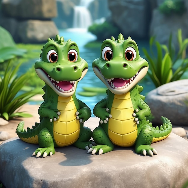 Cartoon de dois crocodilos bonitos na pedra