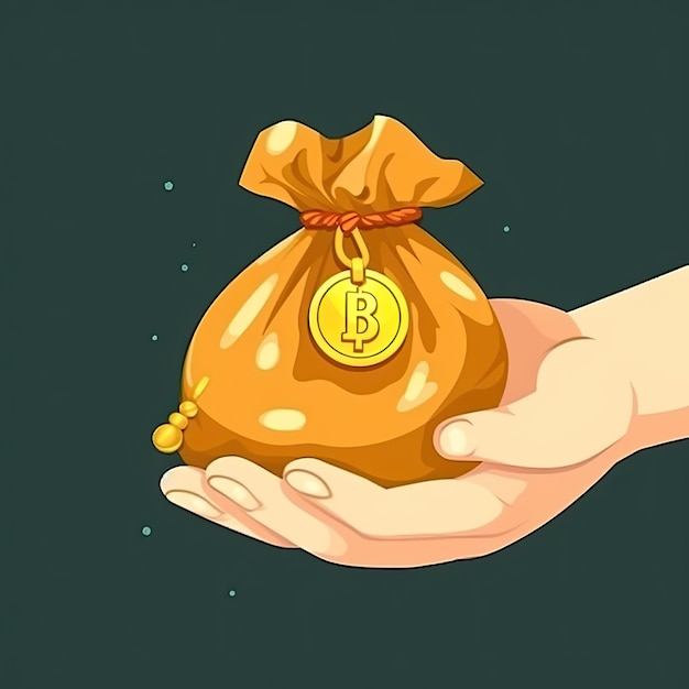 Foto cartoon de mão com saco de dinheiro e moeda de ouro ilustração de ícone vetorial conceito de negócio financeiro isolat