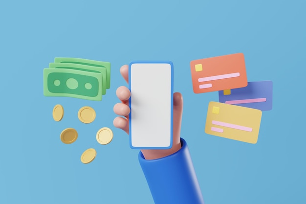 Cartoon de mão segurando smartphone com tela em branco mockup com dinheiro cartão de crédito finanças móveis conceito de pagamento on-line renderização 3d