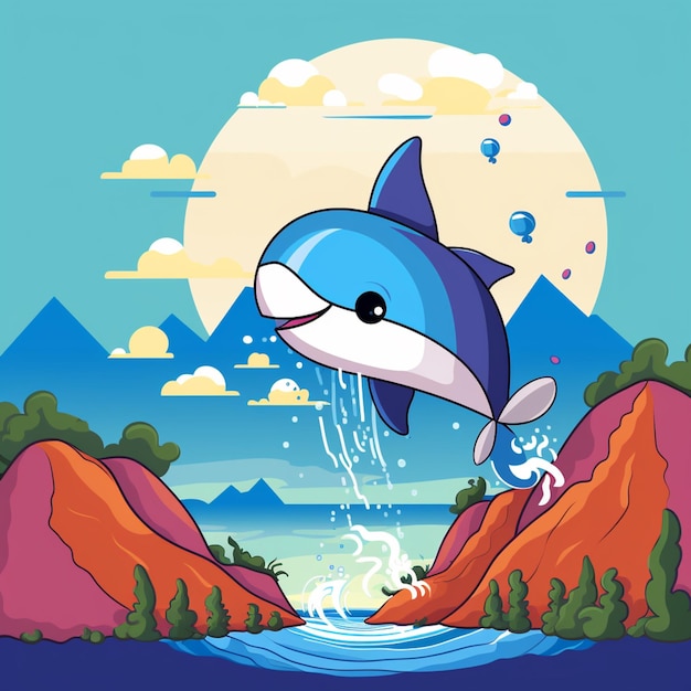 Cartoon-Delphin springt vor einem generativen Berg aus dem Wasser