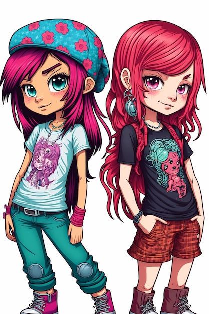 Cartoon desenhando duas garotas modernas com cabelos longos em roupas urbanas, Generative Ai