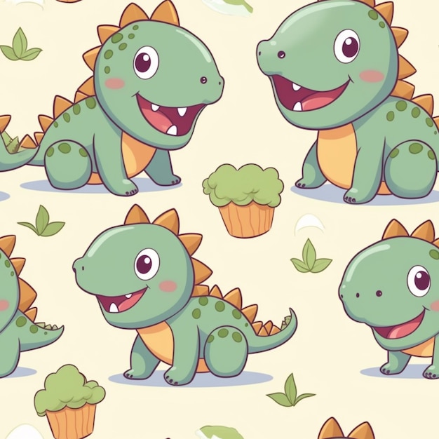 Cartoon-Dinosaurier mit Cupcakes und Muffins auf gelbem Hintergrund, generative KI