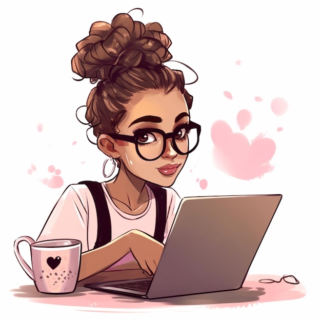 Cartoon einer Frau mit Brille, die einen Laptop mit generativer KI benutzt