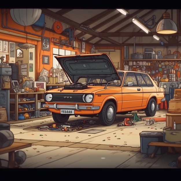 Foto cartoon eines autos in einer garage mit offener motorhaube, generative ki