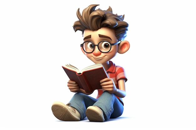 Cartoon eines Jungen, der ein Buch liest, 3D-Charakter, weißer Hintergrund