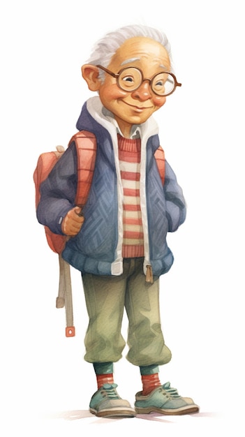 Cartoon eines Mannes mit Rucksack und Brille steht generativ ai