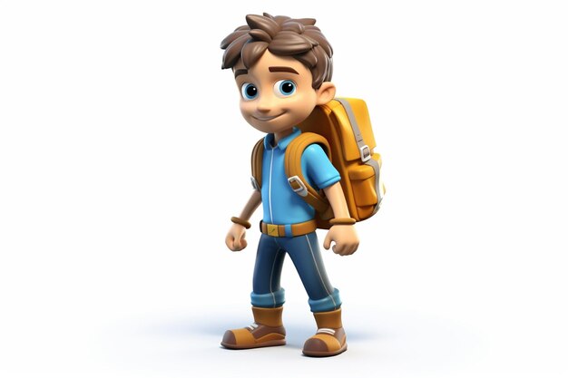 Cartoon eines Schuljungen mit Rucksack, 3D-Charakter, weißer Hintergrund