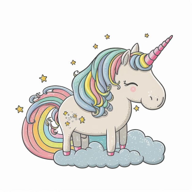 Foto cartoon-einhorn mit regenbogen und sternen auf einer wolke, generative ki