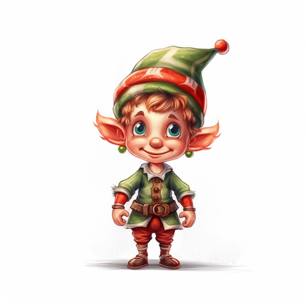 Cartoon-Elf mit grünem und rotem Hut und roter Hose, generative KI
