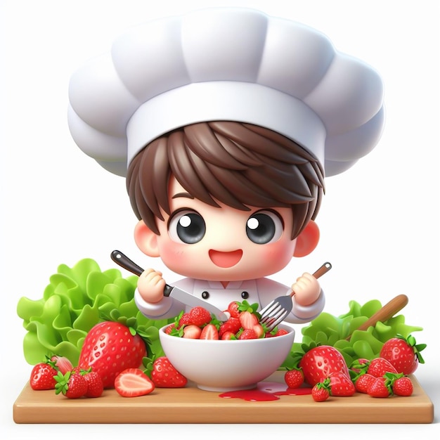 Foto cartoon engraçado de chef fazendo salada de morango alimentação saudável gerada por ia