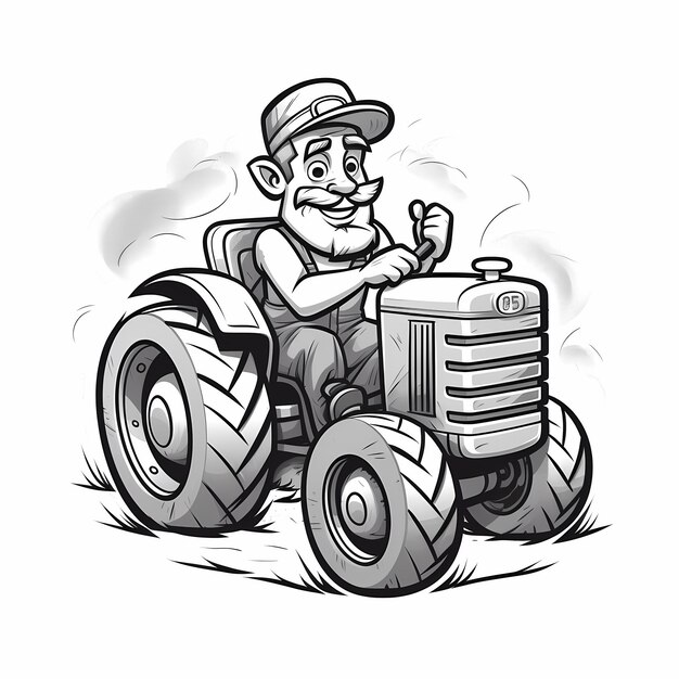 Cartoon Farm Fun Schwarz-Weiß Malseite Freundlicher Bauern-Traktor