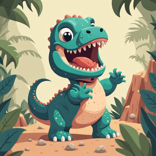 Cartoon feliz e bonito jogando com dinossauro trex para bebês em estilo de ilustração plana