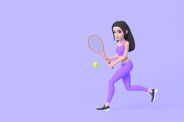 Cartoon-Figur Frau in Sportbekleidung spielt Tennis auf lila Hintergrund 3D-Renderillustration