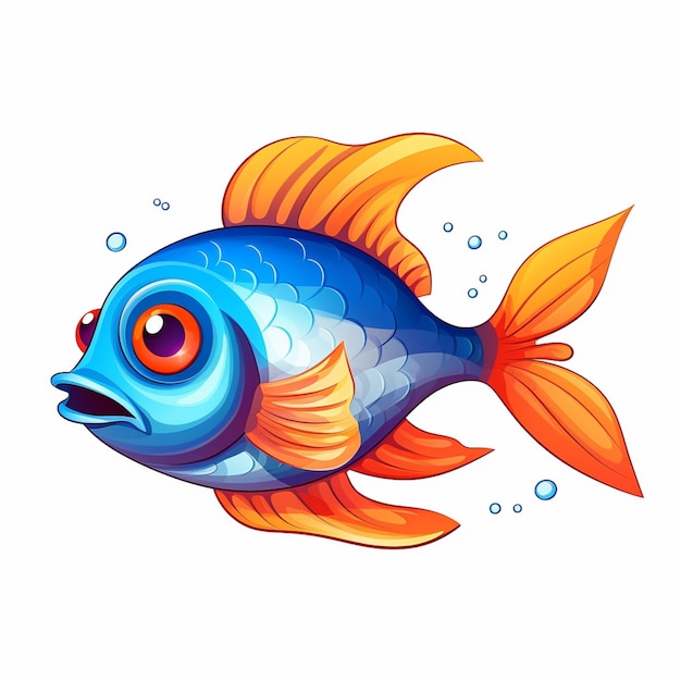 Cartoon-Fisch mit orangefarbenen und blauen Flossen und einem gelben Schwanz