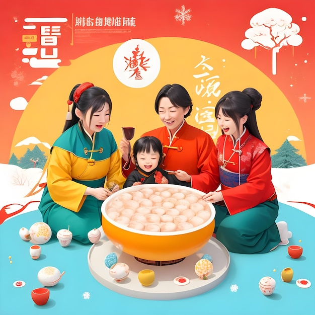 Cartoon Flat Illustration mit der Familie Dongzhi Festival mit chinesischem Essen AI Generate