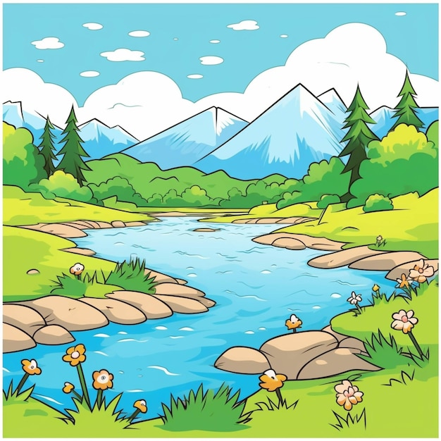 Cartoon-Fluss mit Bergen und Blumen im Hintergrund, generative KI