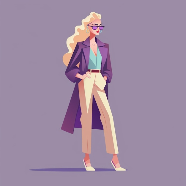 Cartoon-Frau in einem lila Mantel und beigen Hosen, generative KI