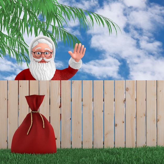 Cartoon fröhlicher Weihnachtsmann Granpa mit roter Geschenktüte hinter Holzzaun im Green Grass Garden 3D-Rendering